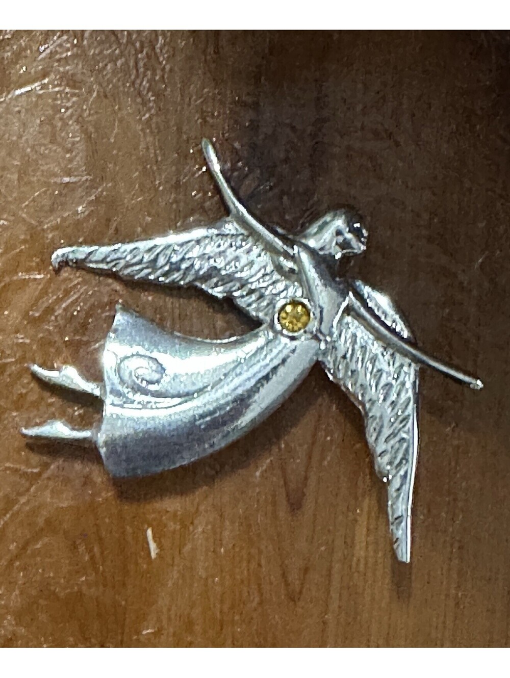 Pewter Angel Brooch Pendant November Birthstone Citrine Crystal 3" Pin Vintage
